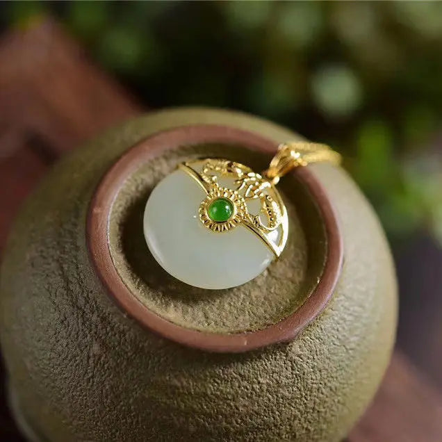 Silver Inlaid Hetian Jade Pendant Necklace Chinese Craft Charm Women's Jewelry
