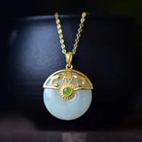 Silver Inlaid Hetian Jade Pendant Necklace Chinese Craft Charm Women's Jewelry