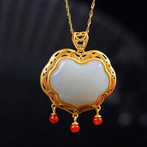 Silver Inlaid Hetian Jade Pendant Necklace with Craft Tassel Charm