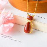 Silver Inlaid Red Tourmaline Cat Pendant Necklace Retro Women's Gift