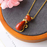 Silver Inlaid Red Tourmaline Cat Pendant Necklace Retro Women's Gift
