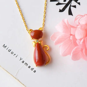 Silver Inlaid Red Tourmaline Cat Pendant Necklace Retro Women's Gift
