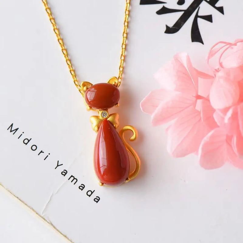Silver Inlaid Red Tourmaline Cat Pendant Necklace Retro Women's Gift