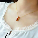 Silver Inlaid Red Tourmaline Cat Pendant Necklace Retro Women's Gift