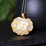 Silver Hetian Chalcedony Dragon Phoenix Pendant Necklace