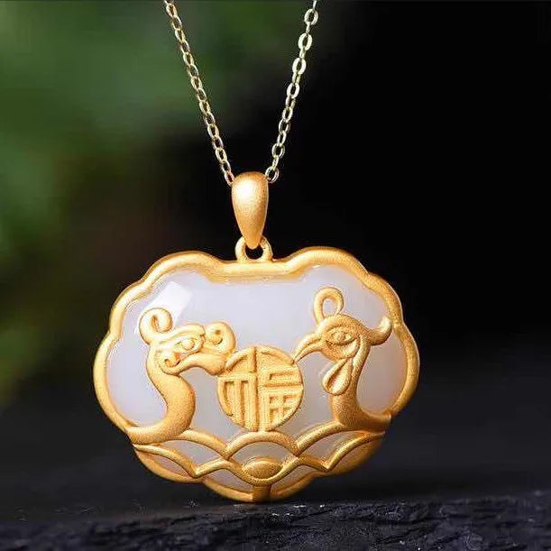 Silver Hetian Chalcedony Dragon Phoenix Pendant Necklace