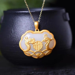 Silver Hetian Chalcedony Dragon Phoenix Pendant Necklace