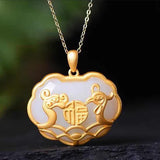 Silver Hetian Chalcedony Dragon Phoenix Pendant Necklace
