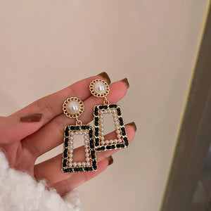 Diamond Inlay Silver Needle Leather Earrings Retro Niche Style