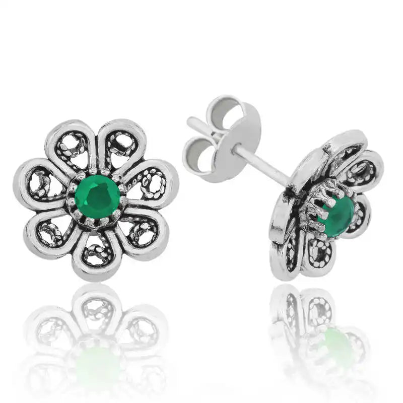 Silverlina Flower Stud Earrings Green Filigree Design