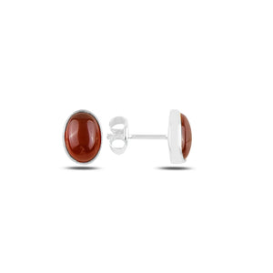 Silver Oval Red Agate Natural Stone Earrings