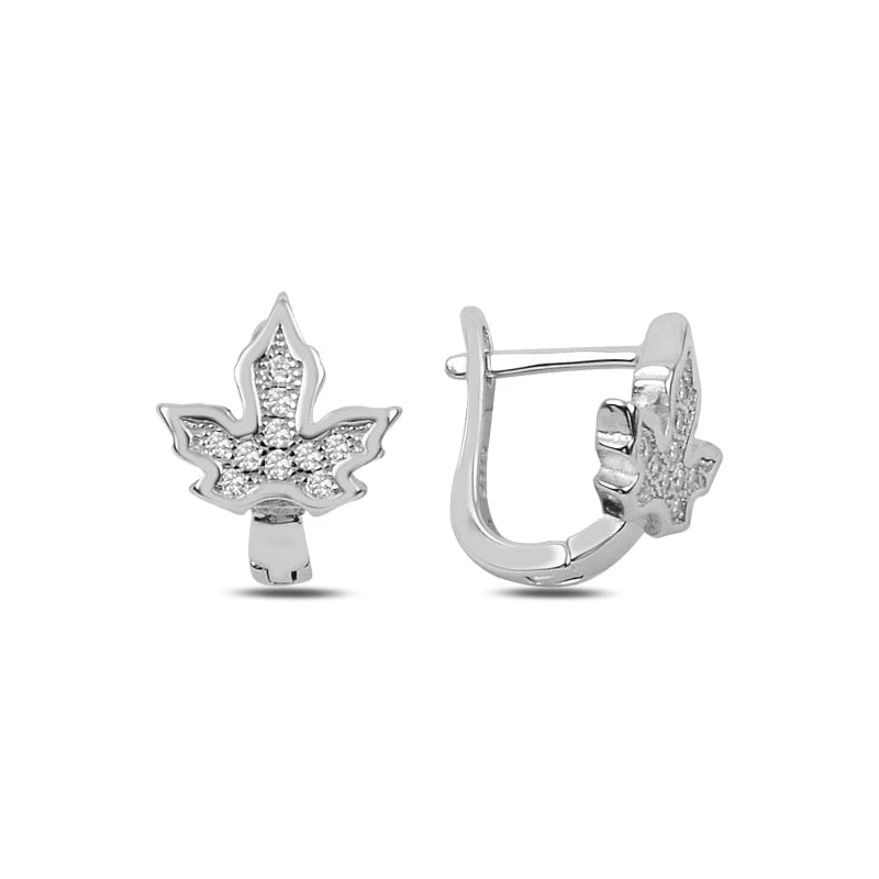 Silver Zircon Stone Sycamore Leaf Earrings