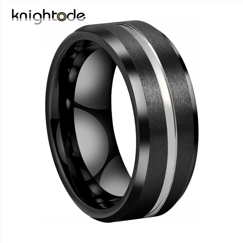 Silvery Grooved Tungsten Carbide Ring Matte Finish Beveled Edges Comfort Fit