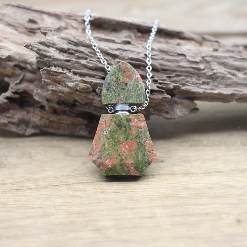 Silvery Necklaces with Gemstone Essential Oil Vial Pendants