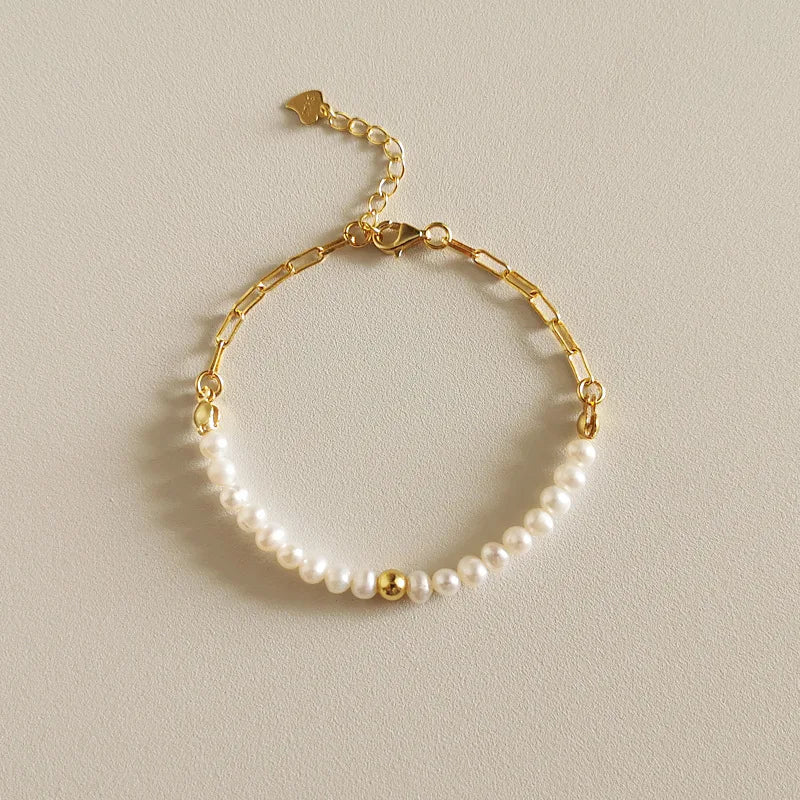 925 Silver Asymmetry Pearl Chain Bracelets Half & Half Design for Women