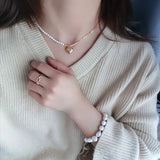 925 Silver Asymmetry Pearl Chain Heart Necklace for Women