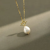 925 Silver Baroque Pearl Necklace Women Wide Chain Natural Pendant Office