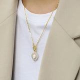 925 Silver Baroque Pearl Necklace Women Wide Chain Natural Pendant Office