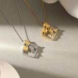 925 Silver Bee Pendant Necklace for Women Honey Square Openwork Necklace