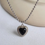 925 Silver Agate Heart Necklace Round Bead Chain Pendant Necklace