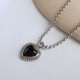 925 Silver Agate Heart Necklace Round Bead Chain Pendant Necklace