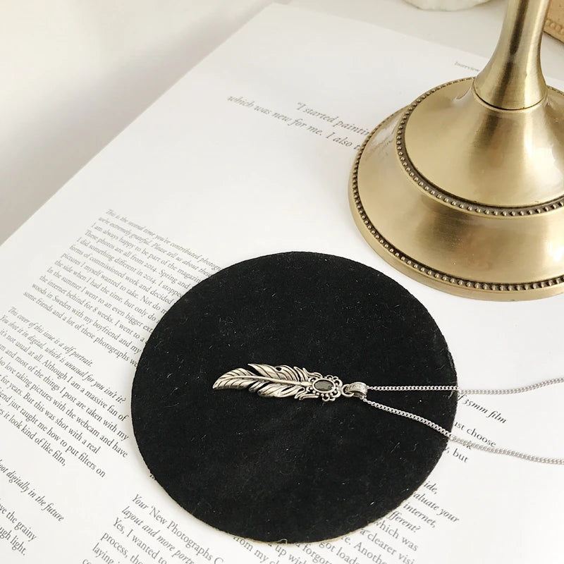 925 Silver Feather Necklace Zircon Pendant Vintage Jewelry
