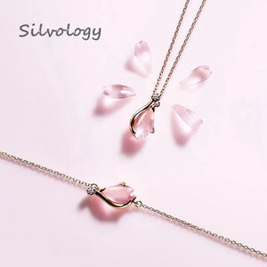 925 Silver Cherry Blossoms Rose Quartz Pendant Necklace