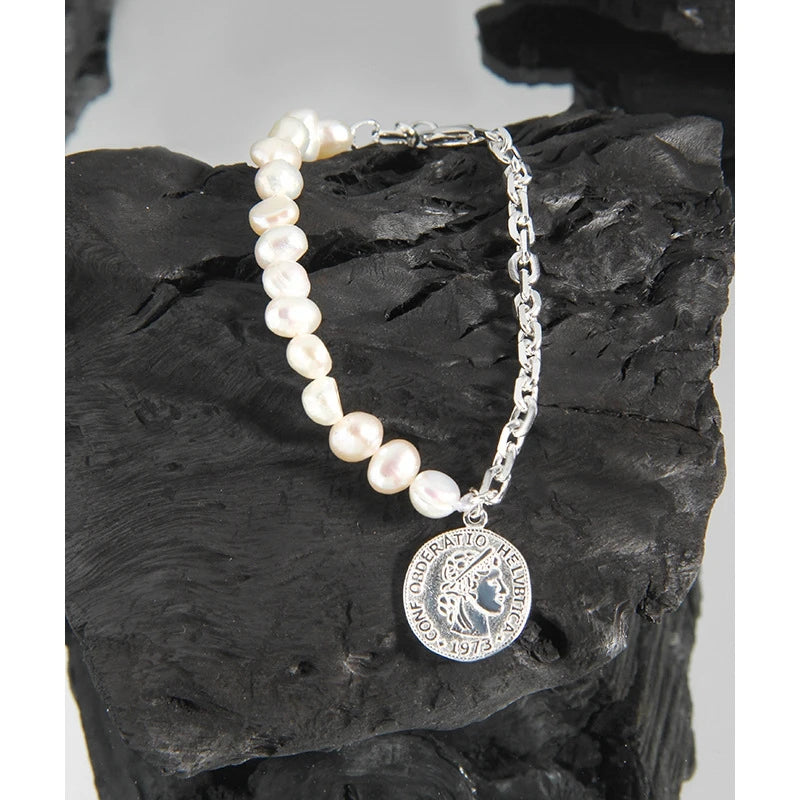 925 Silver Coin Freshwater Pearl Bracelet Women Silver Jewelry