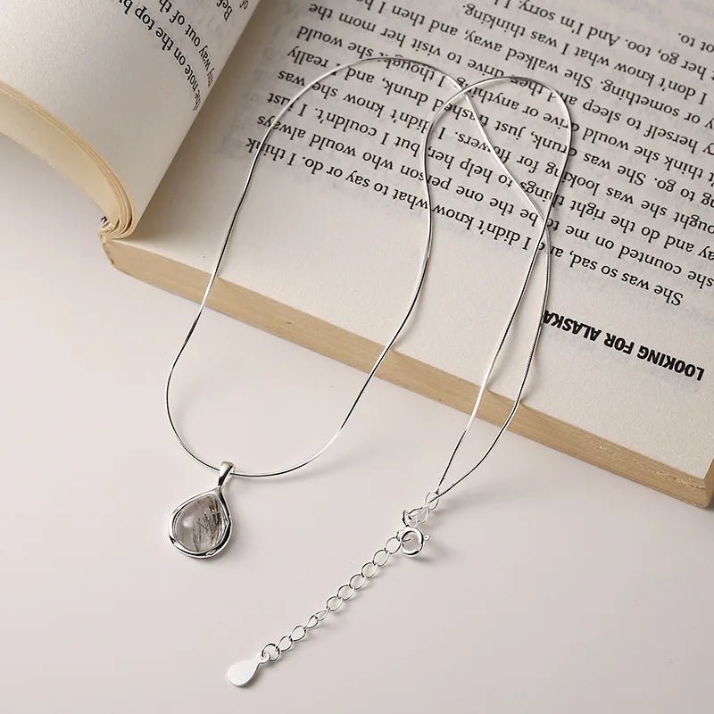 925 Silver Crystal Pendant Necklace Women Water Drop Chain Minimalist Jewelry