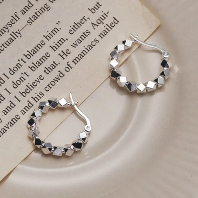 925 Silver Rhombus Hoop Earrings, Broken Bead Chain Design