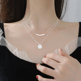 925 Silver Double Layer Tube Necklace Round Card Pendant Women's Jewelry