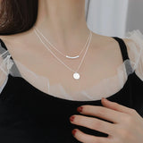 925 Silver Double Layer Tube Necklace Round Card Pendant Women's Jewelry