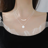 925 Silver Double Layer Tube Necklace Round Card Pendant Women's Jewelry
