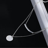 925 Silver Double Layer Tube Necklace Round Card Pendant Women's Jewelry