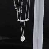 925 Silver Double Layer Tube Necklace Round Card Pendant Women's Jewelry