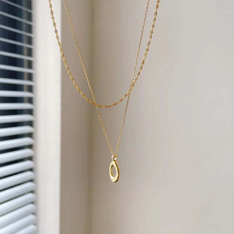 925 Silver Double Layer Chain Pendant Necklace for Women Irregular Round Jewelry