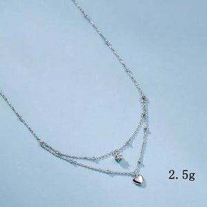 925 Silver Double Layer Star Heart Necklace Zircon Pentagram Pendant