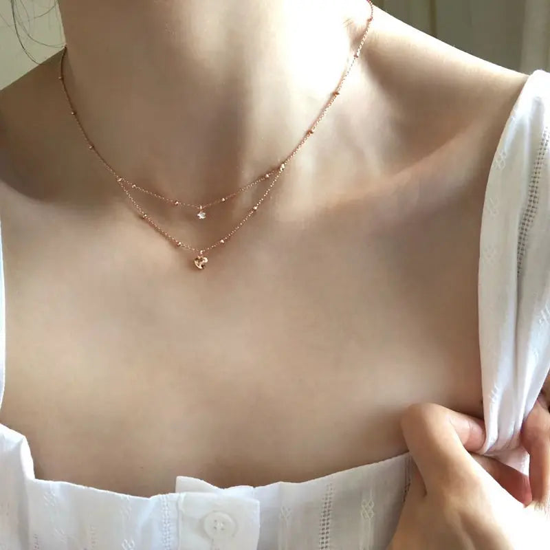 925 Silver Double Layer Star Heart Necklace Zircon Pentagram Pendant
