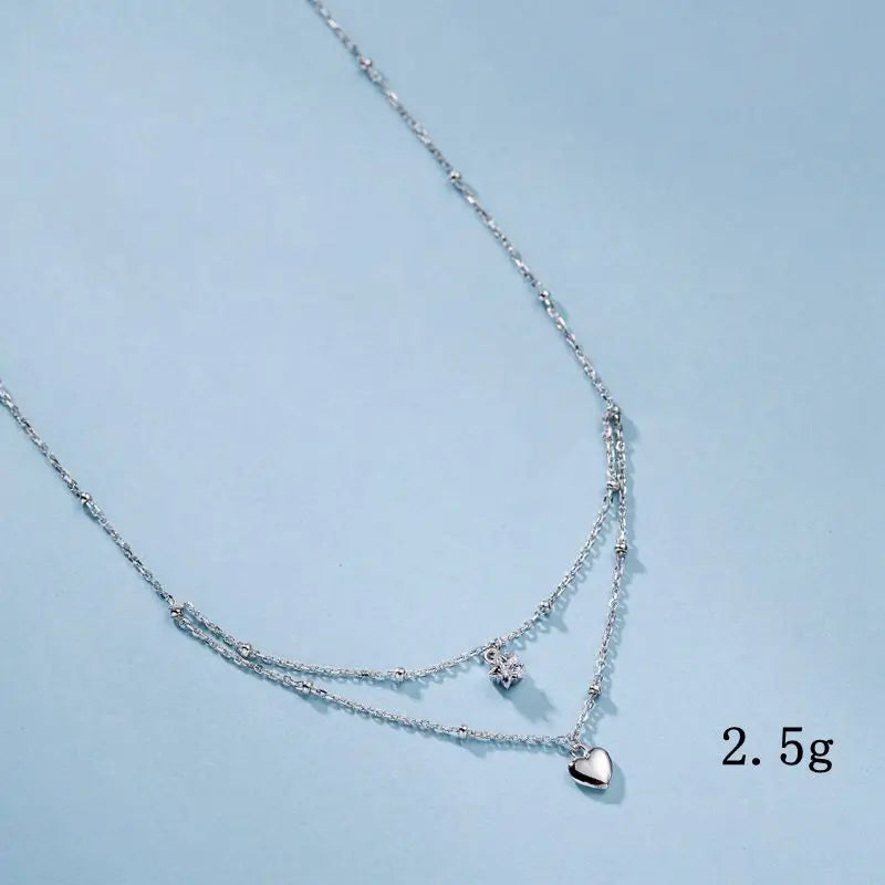 925 Silver Double Layer Star Heart Necklace Zircon Pentagram Pendant
