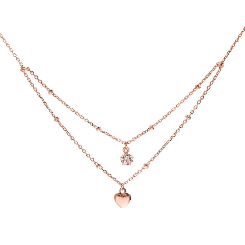 925 Silver Double Layer Star Heart Necklace Zircon Pentagram Pendant