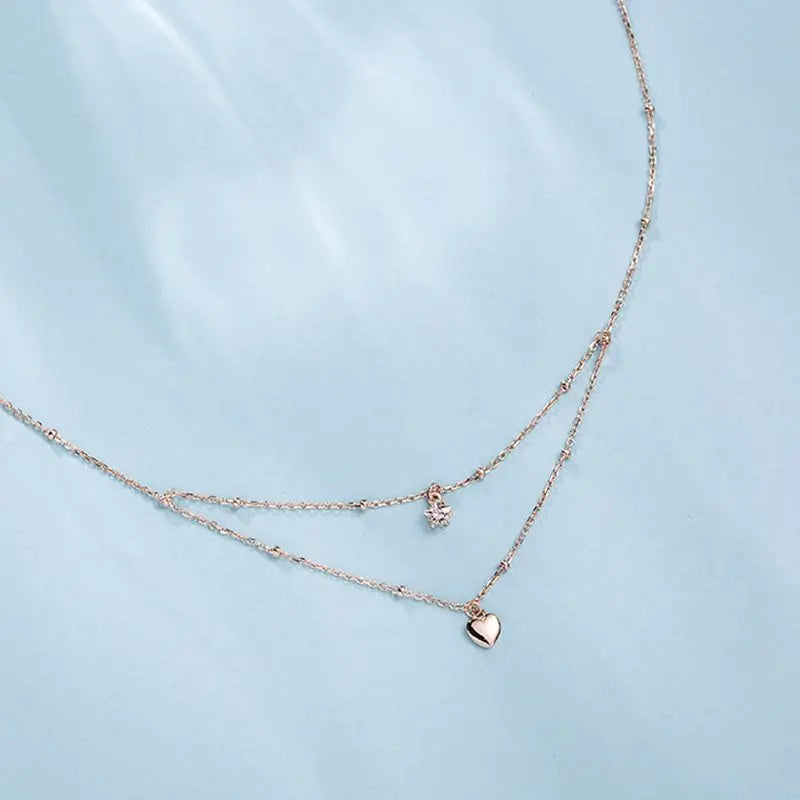 925 Silver Double Layer Star Heart Necklace Zircon Pentagram Pendant