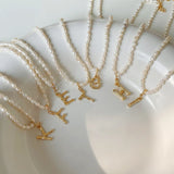 925 Silver Pearl 26 Letter Pendant Necklace Ladies Alphabet Jewelry