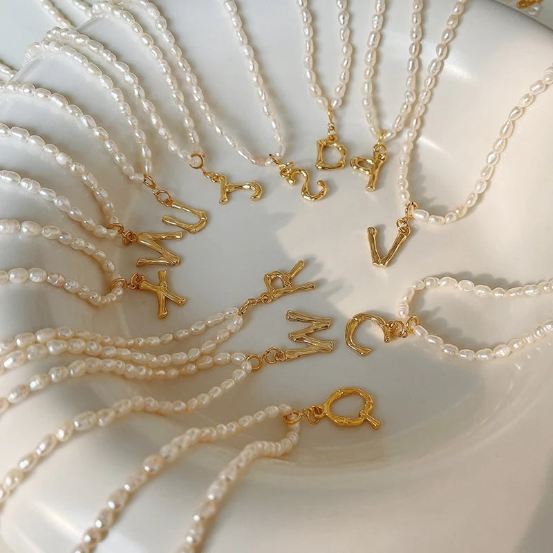 925 Silver Pearl 26 Letter Pendant Necklace Ladies Alphabet Jewelry