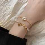 925 Silver Pearl Flower Bracelet Lucky Letter Baroque Women's Aesthetics Jewelry