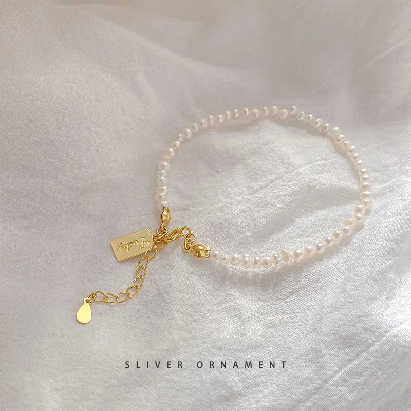 925 Silver Pearl Flower Bracelet Lucky Letter Baroque Women's Aesthetics Jewelry