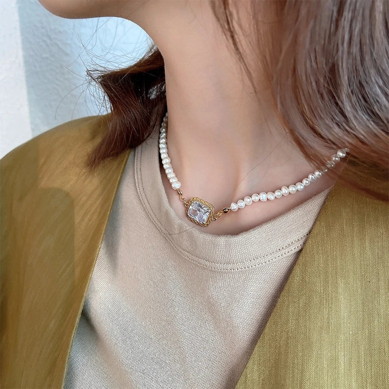 925 Silver Freshwater Pearl Necklace Zircon Jewelry