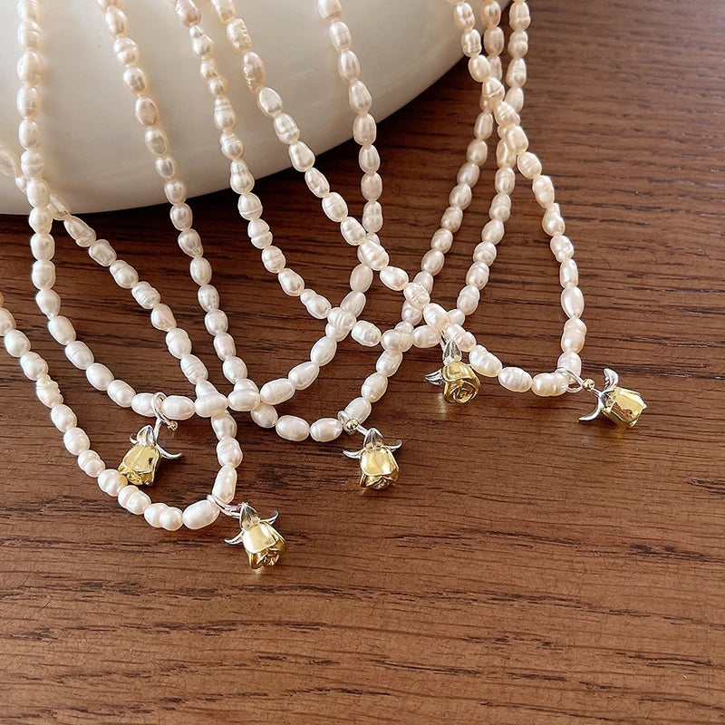 925 Silver Freshwater Pearl Rose Flower Pendant Necklace Romantic Jewelry