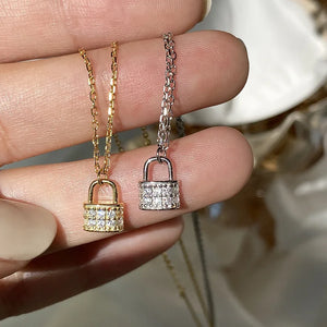 925 Silver Zircon Lock Pendant Necklace Women Friendship Jewelry