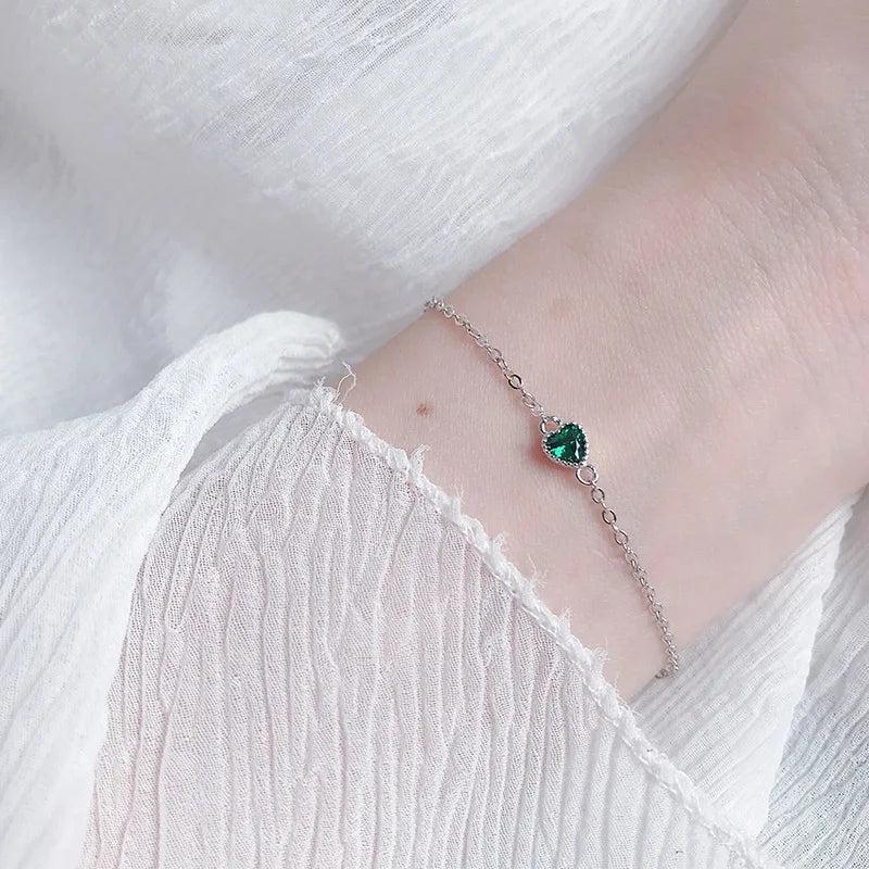 925 Silver Green Zircon Heart Bracelet for Women