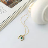 925 Silver Green Zircon Moon Necklace Ox Horn Pendant